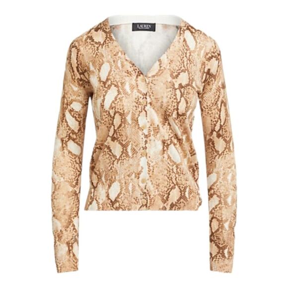LAUREN Ralph Lauren Tan Snakeskin Print Cotton-Blend Cardigan Size Small New - Picture 3 of 9